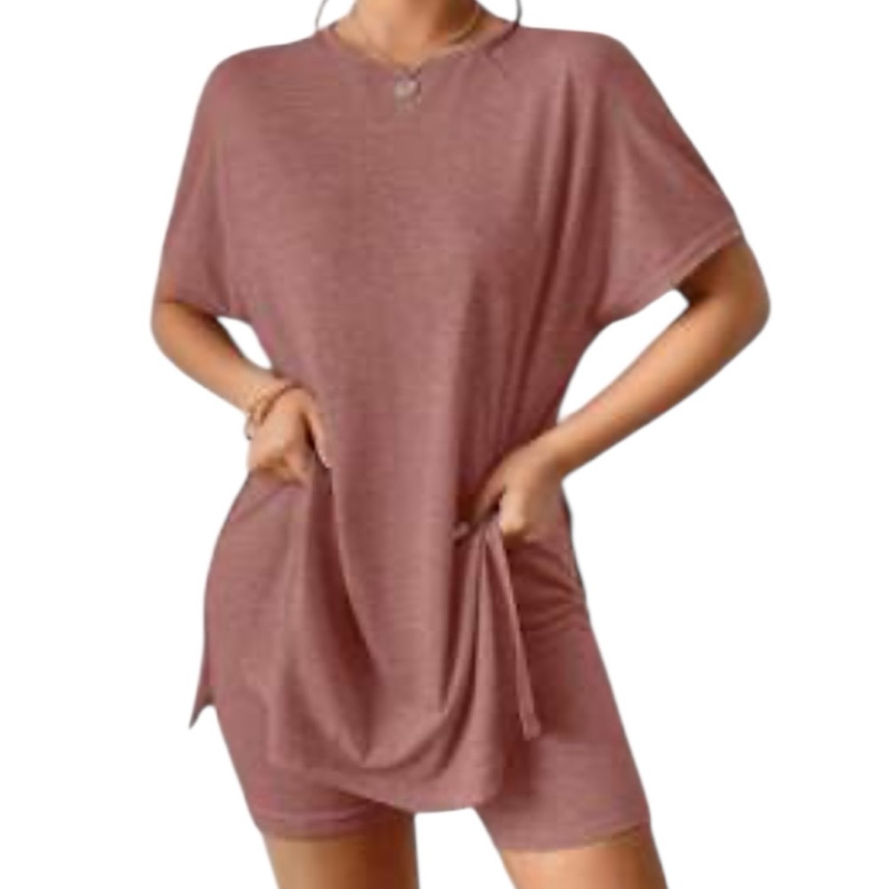 Shein Matching Set Comfy Short Sleeve Relaxed Fit Tee & Biker Shorts Pink
